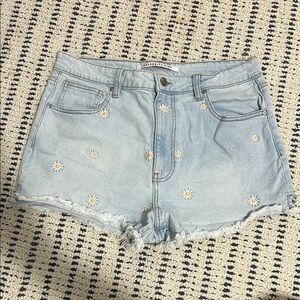 Light Blue Denim Shorts with Daisy Embroidery